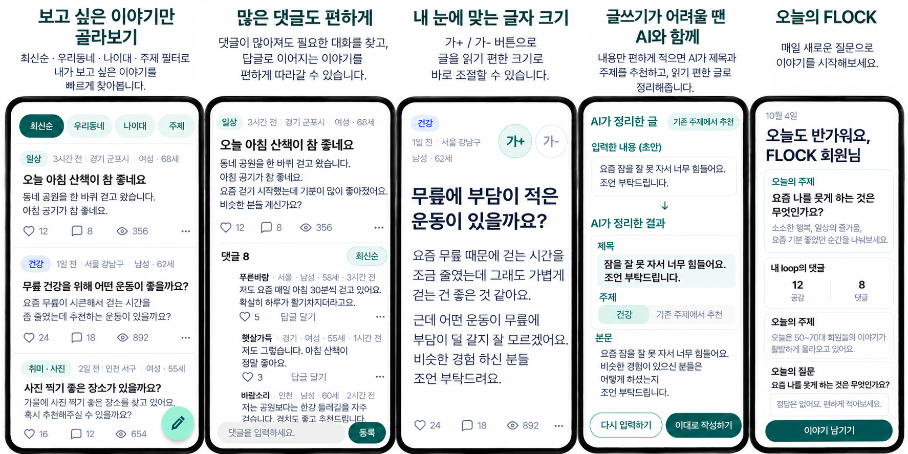 FLOCK 홈, 게시글 상세, 오늘의 FLOCK, 글쓰기, AI 글 정리 화면